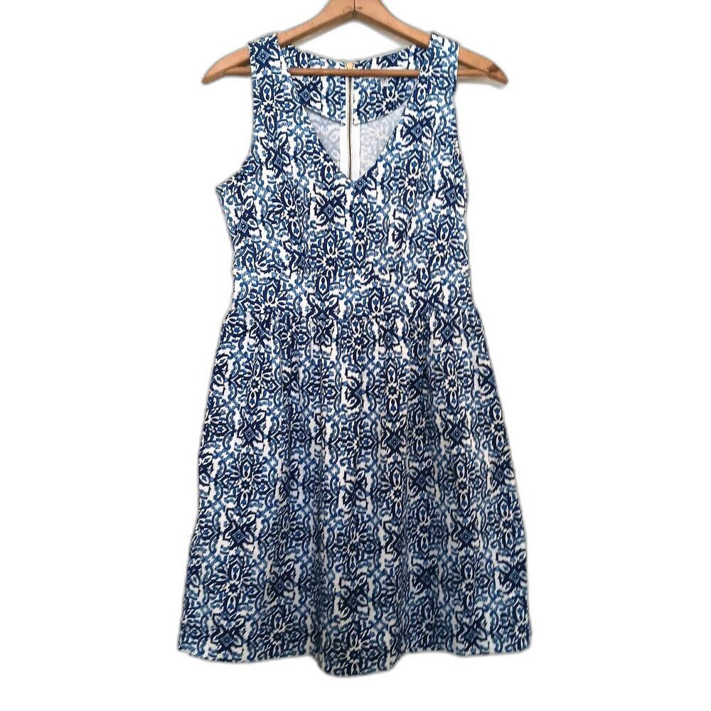 Milly Womens Dress 8 Fit & Flare Vneck Midi Greek Tile White Blue Hipster Retro